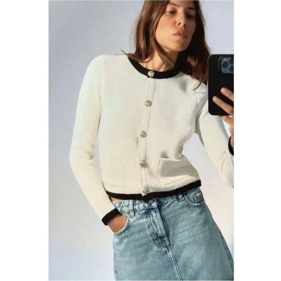 ZARA GOLDEN BUTTON KNIT CARDIGAN SWEATER BLACK WHITE MEDIUM - Picture 1 of 6